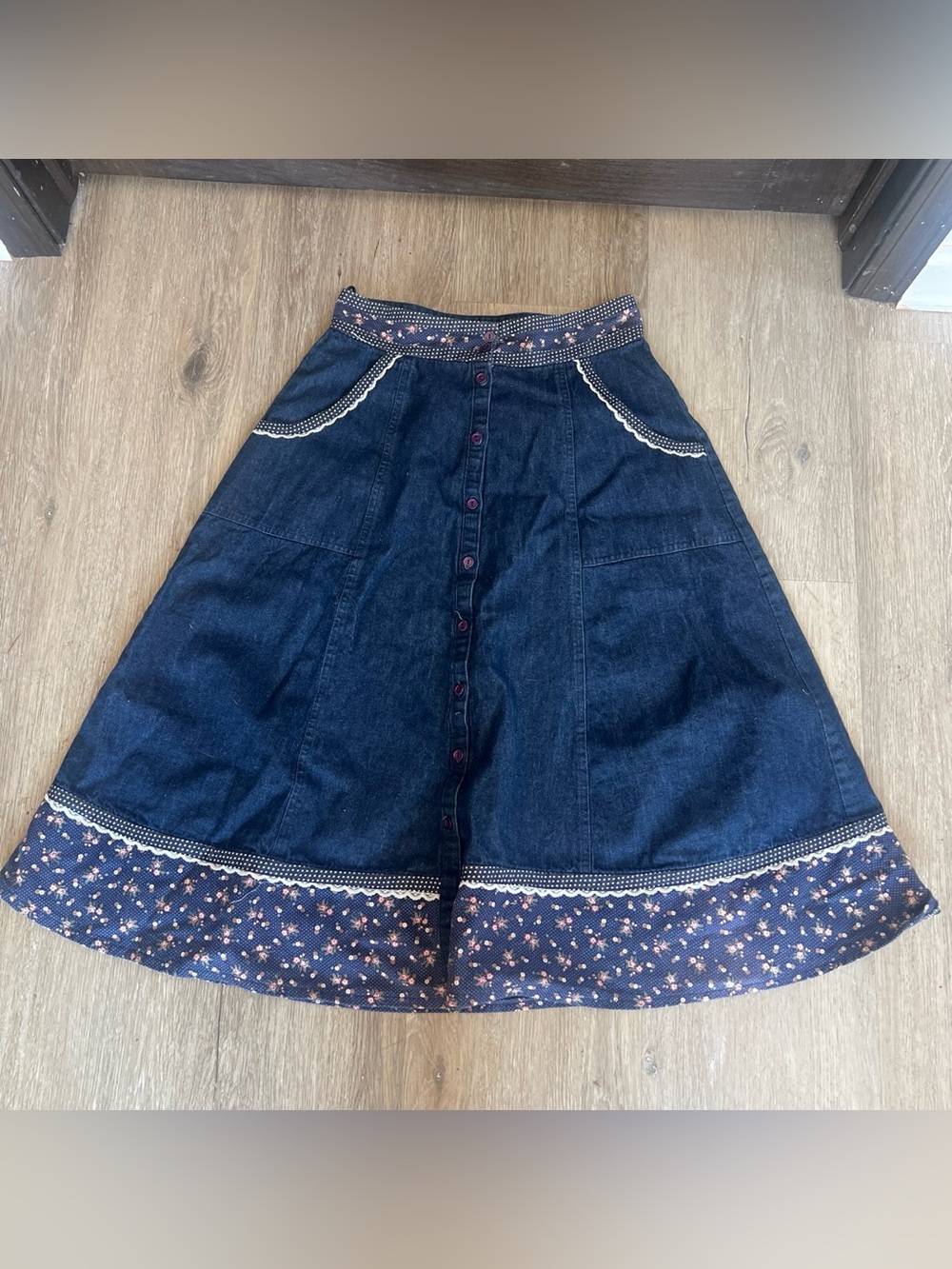 Gunne Sax Dark Blue Denim Midi Skirt with Floral Trim